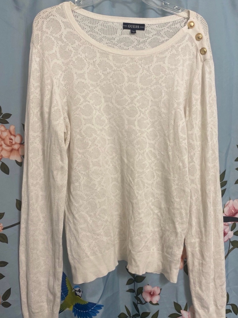 GUESS Cream Lace Knit Long-Sleeve Top with Gold Buttons